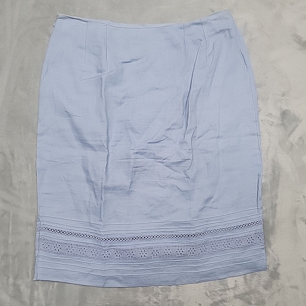 Alexandra Bartlett Skirt Women 6 Blue Linen Eyelet Lace Hem Pencil Coastal Chic - Picture 7 of 8